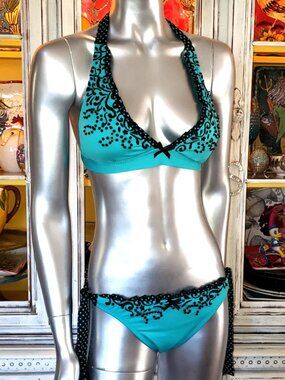 Vintage Betsey Johnson Bikini Black Floral Embroidered Beaded Swimsuit Size M